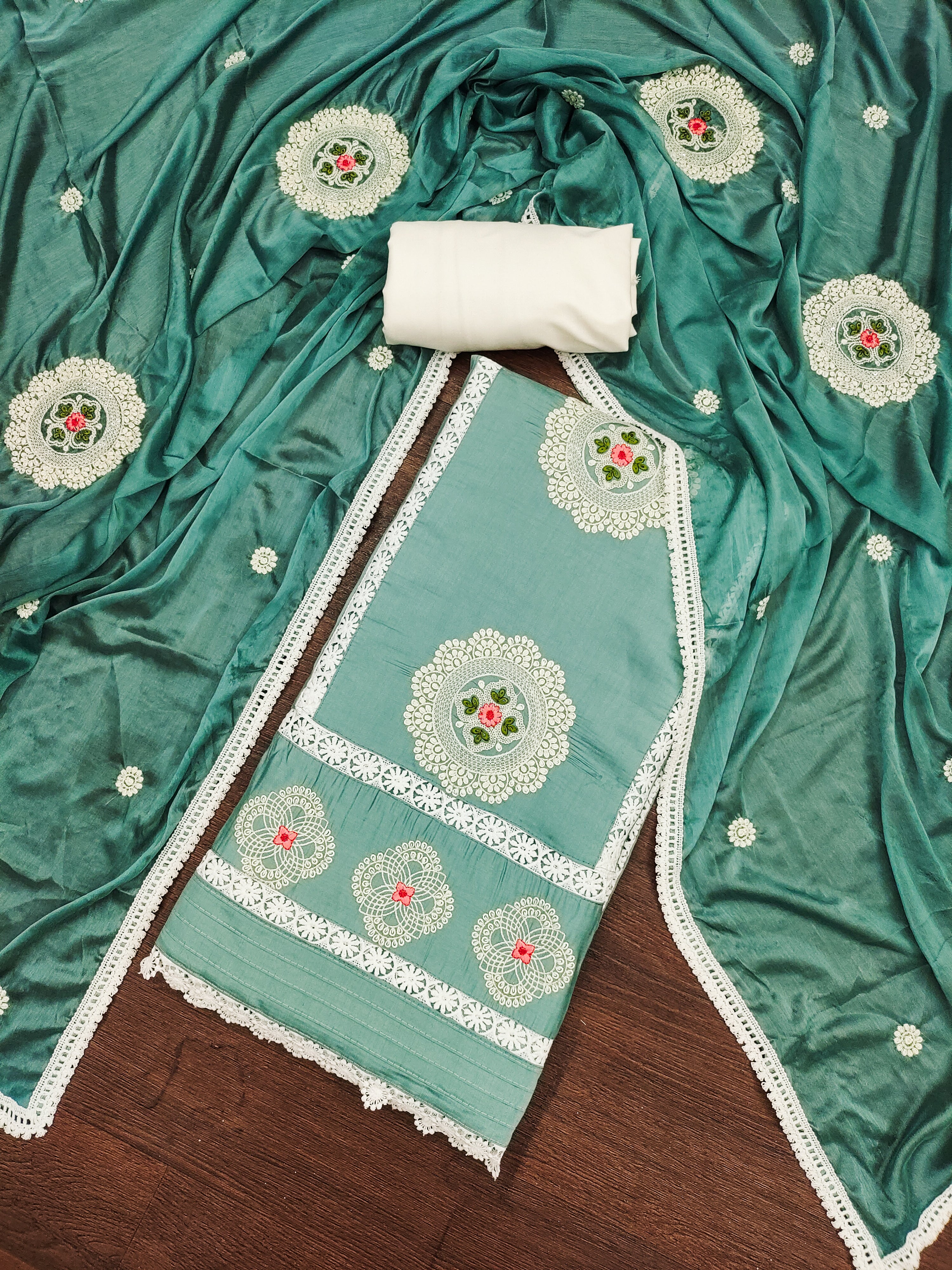 Bottle Green Premium Silk Embroidery work Unstitched suit