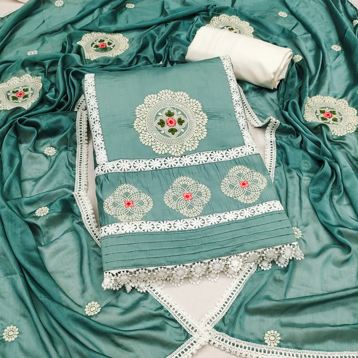Bottle Green Premium Silk Embroidery work Unstitched suit