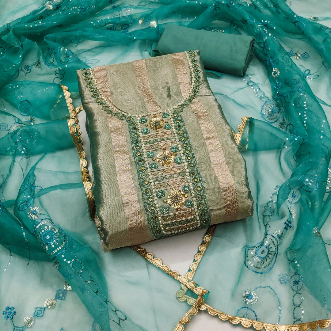 Teal Blue Organza Handwork Unstitched Suit