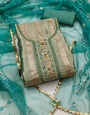 Teal Blue Organza Handwork Unstitched Suit