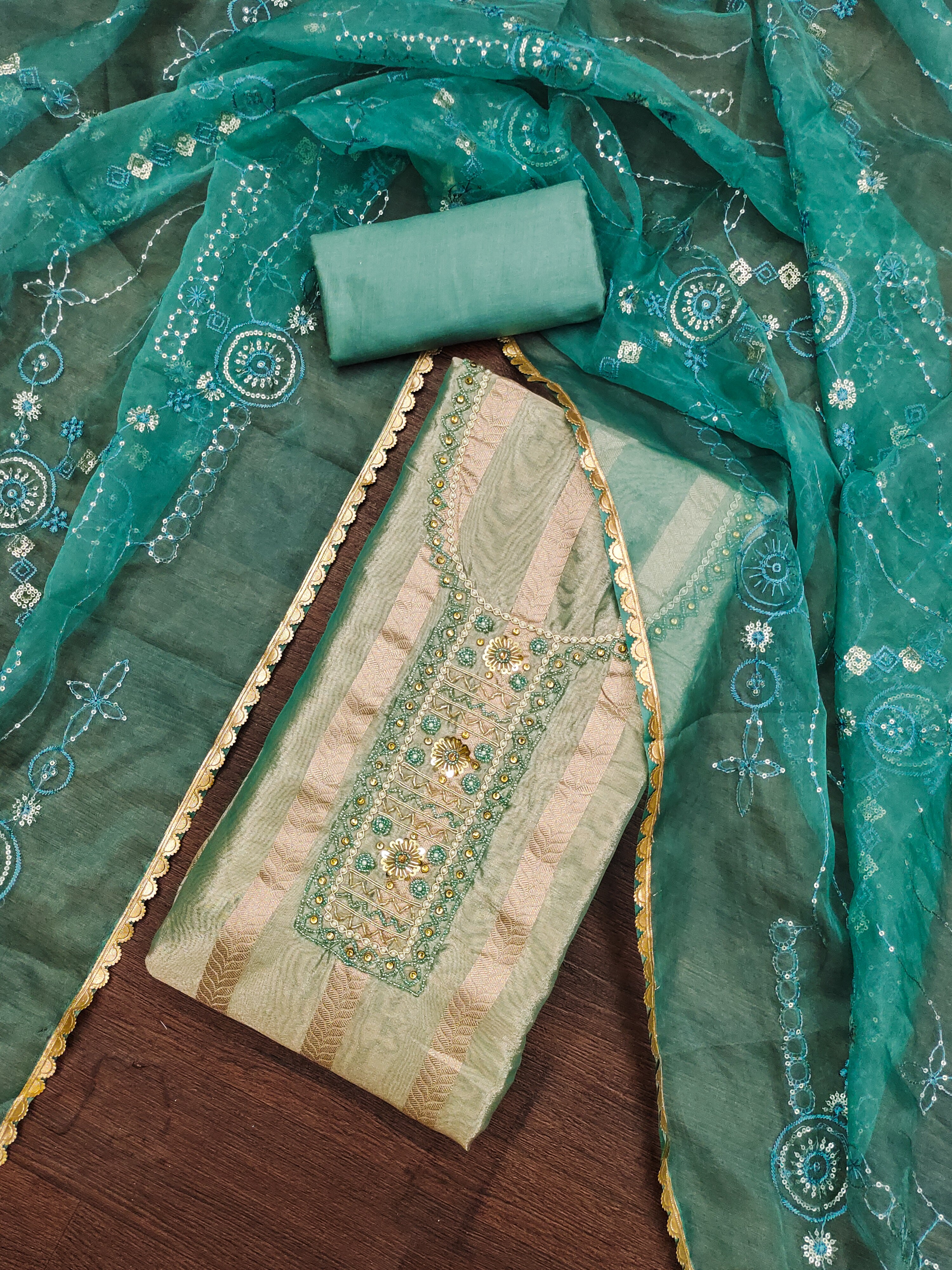 Teal Blue Unstitched suit For dandiya in organza Fabric 