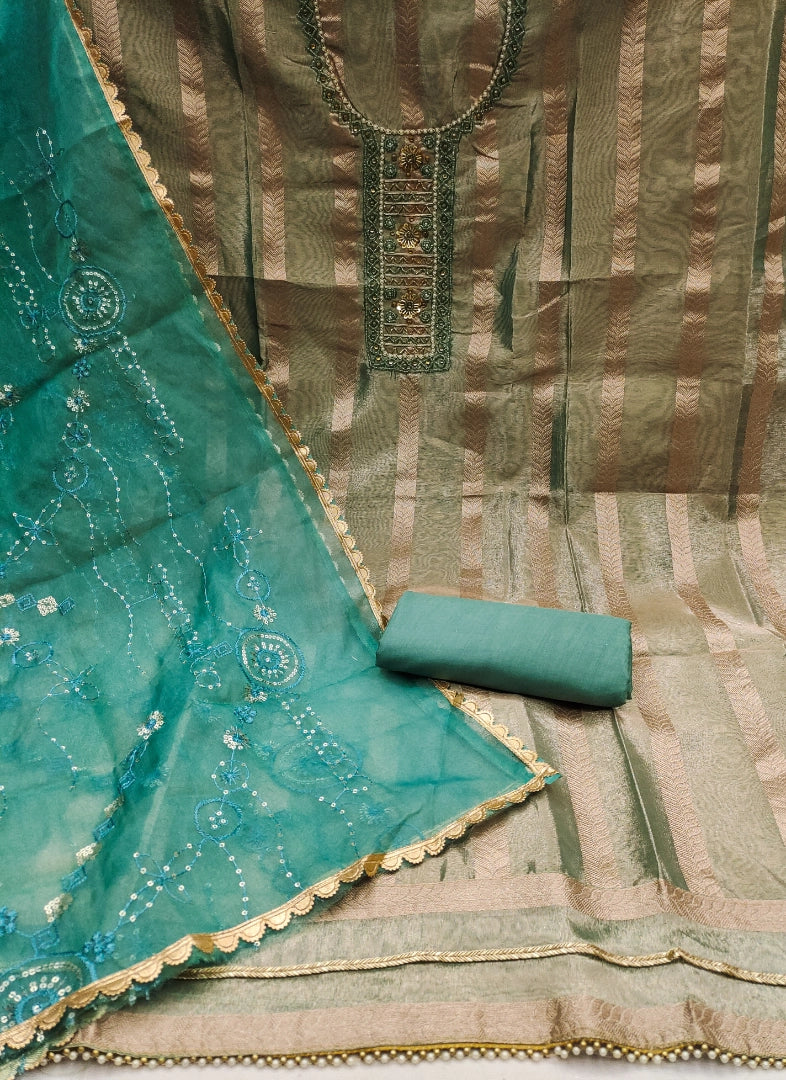 Teal Blue Organza Handwork Unstitched Suit