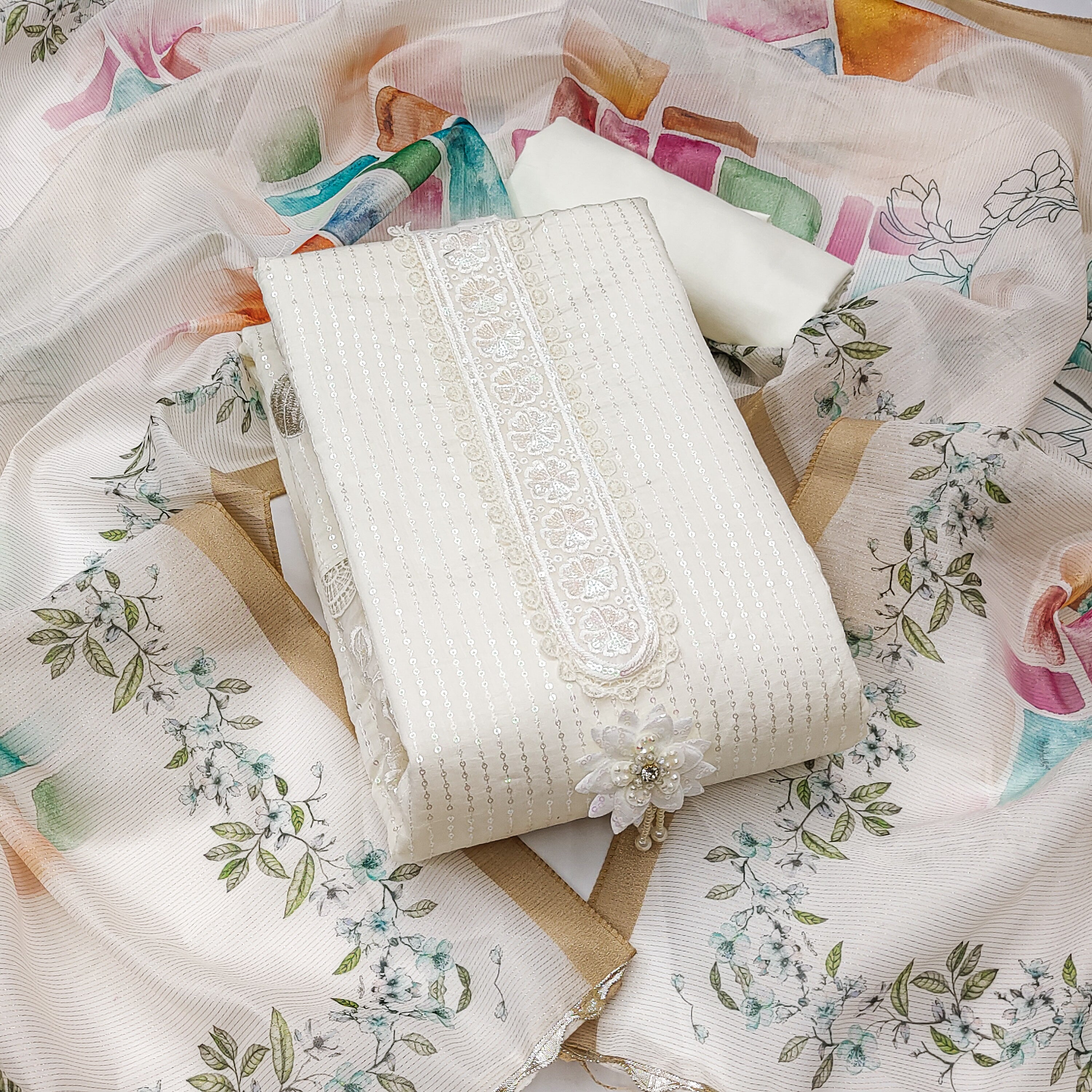 White Premium Roman Silk Embroidered Unstitched Suit