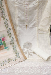 White Premium Roman Silk Embroidered Unstitched Suit