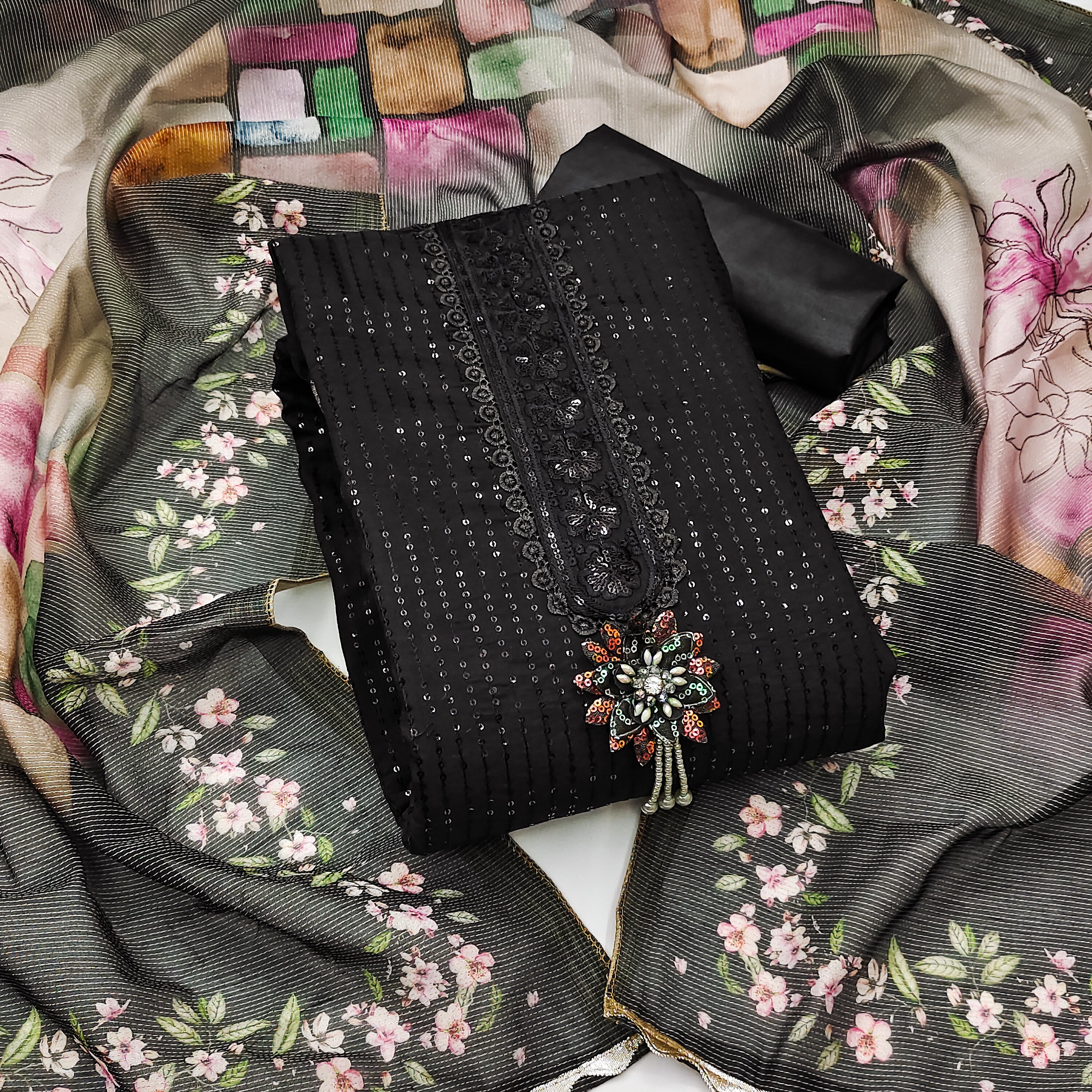 Black Premium Roman Silk Embroidered Unstitched Suit