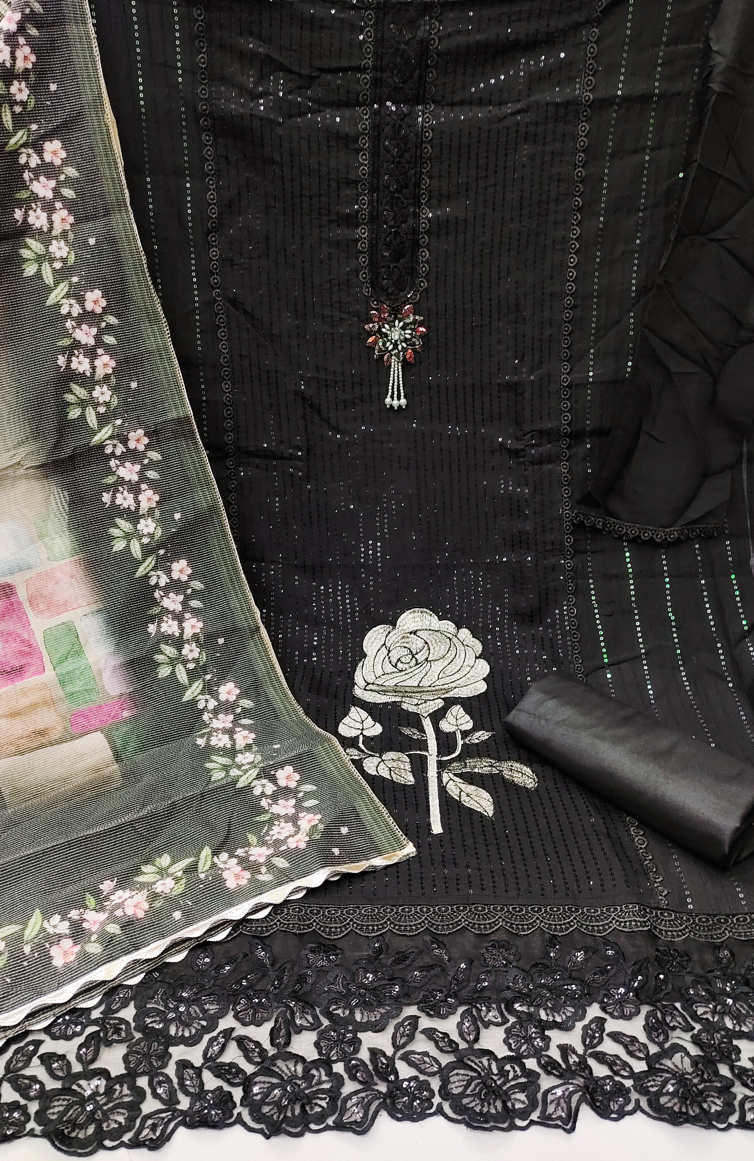 Black Premium Roman Silk Embroidered Unstitched Suit