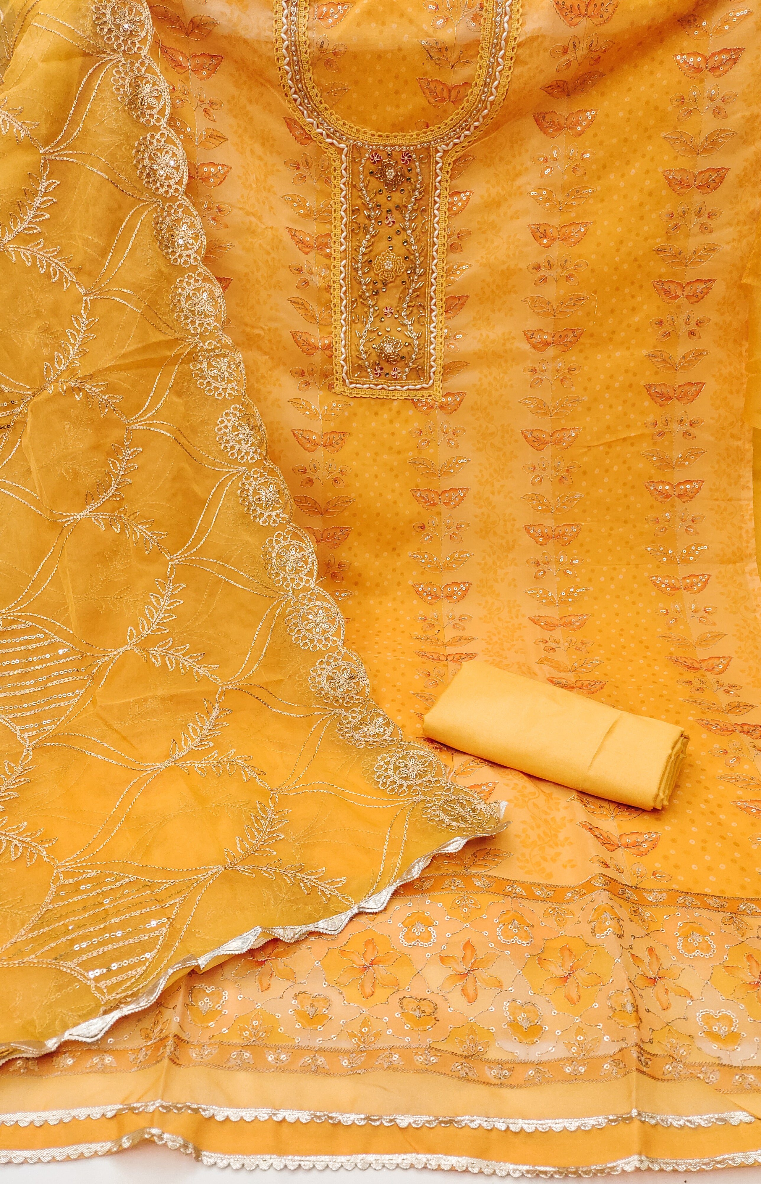 Mustard Yellow Viscose Floral Position work Unstitched Suit