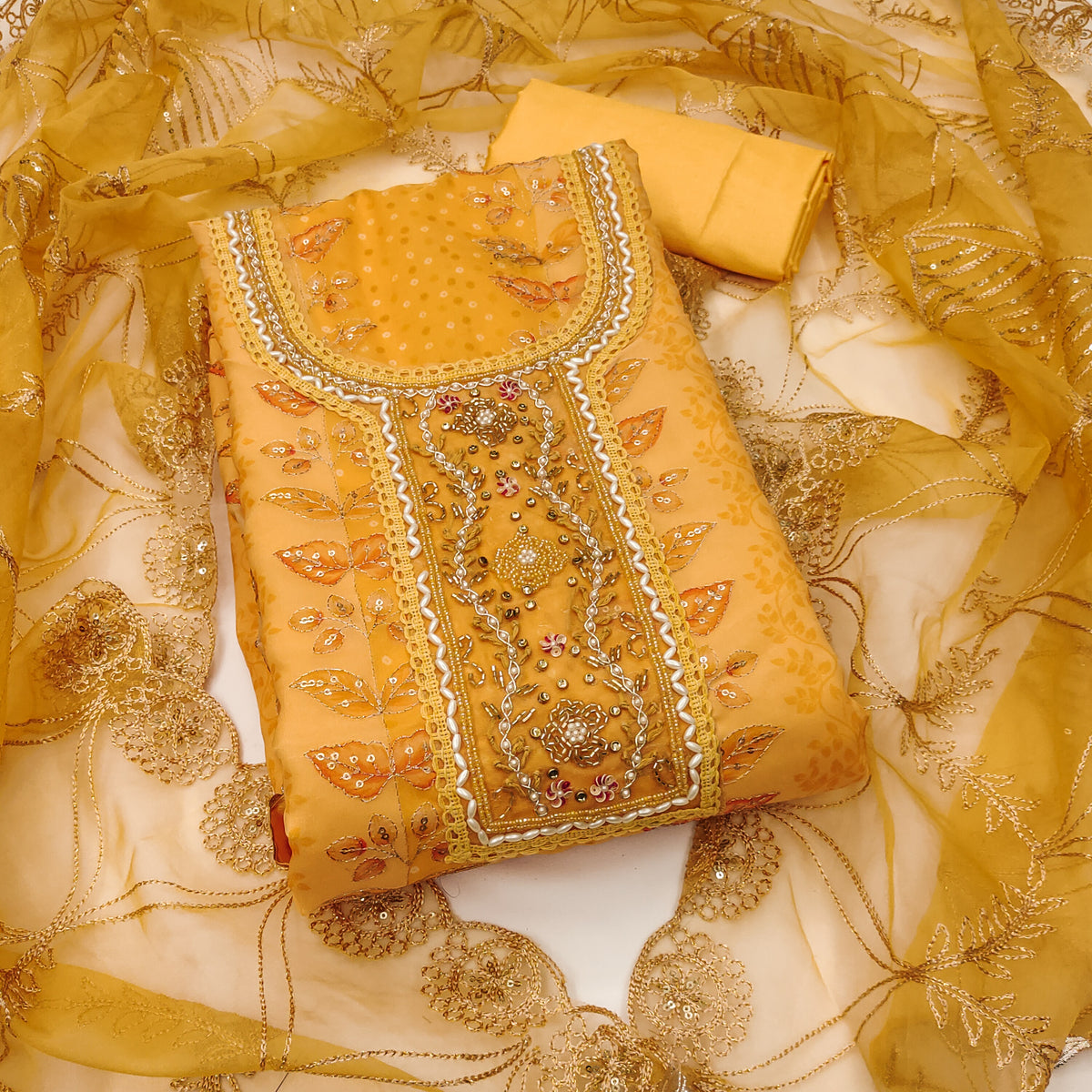 Mustard Yellow Viscose Floral Position work Unstitched Suit