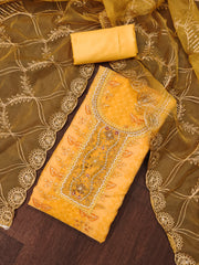 Mustard Yellow Viscose Floral Position work Unstitched Suit