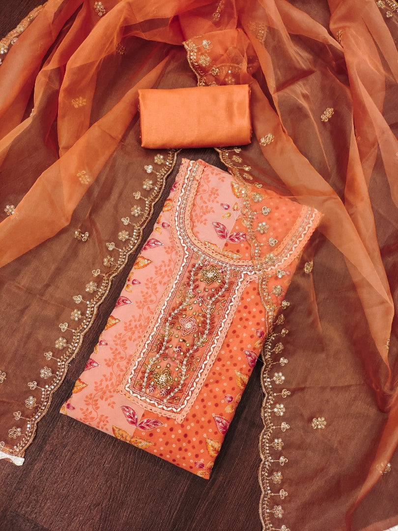 Orange Viscose Floral Work Unstitched Suits