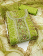 Pista Green Viscose Floral Position work Unstitched Suit