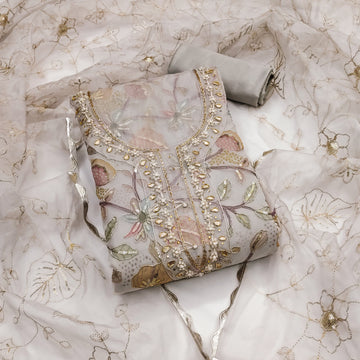Beige Viscose Handwork Unstitched Suit Set