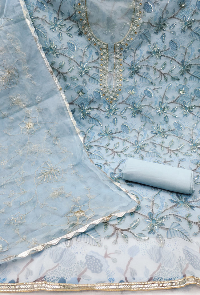 Sky Blue Viscose Handwork Unstitched Suit Set