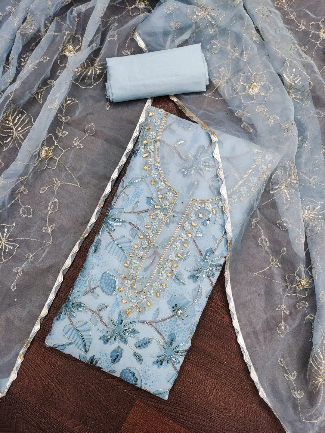 Sky Blue Viscose Handwork Unstitched Suit Set
