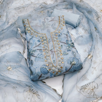 Sky Blue Viscose Handwork Unstitched Suit Set