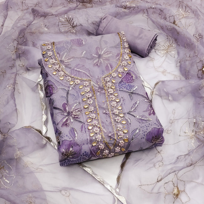 Purple Viscose Handwork Unstitched Suit Set