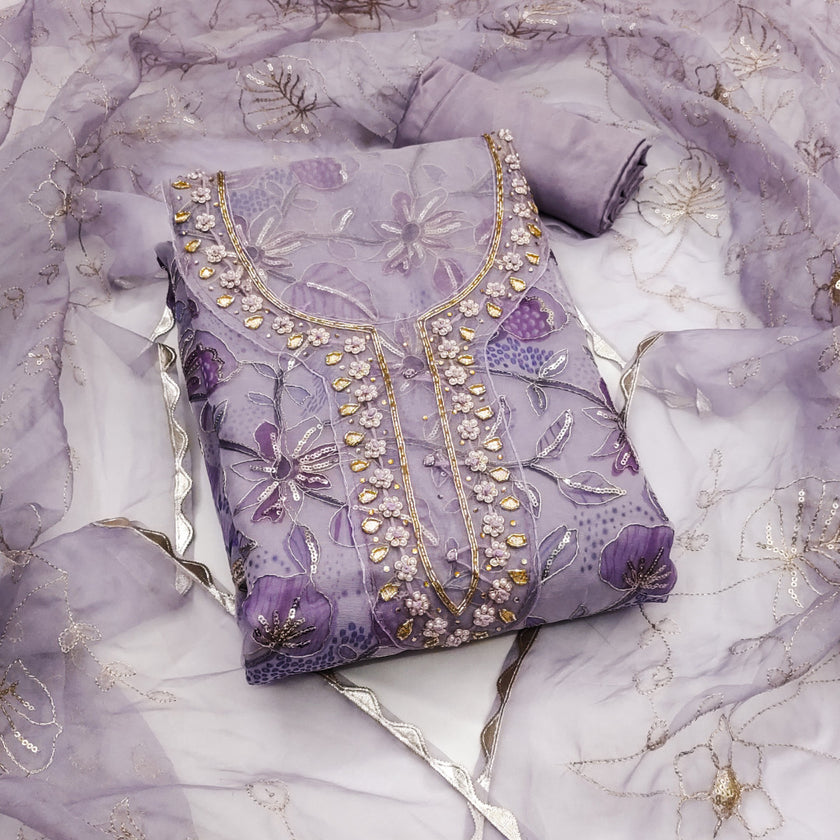 Purple Viscose Handwork Unstitched Suit Set