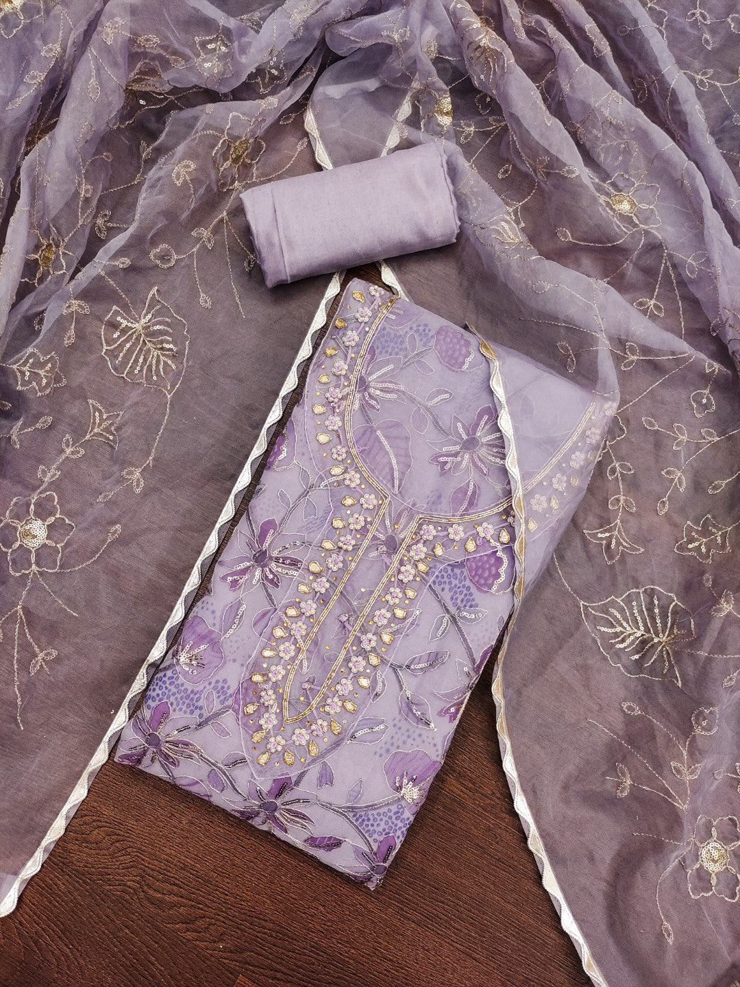 Purple Viscose Handwork Unstitched Suit Set