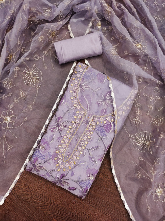 Purple Viscose Handwork Unstitched Suit Set