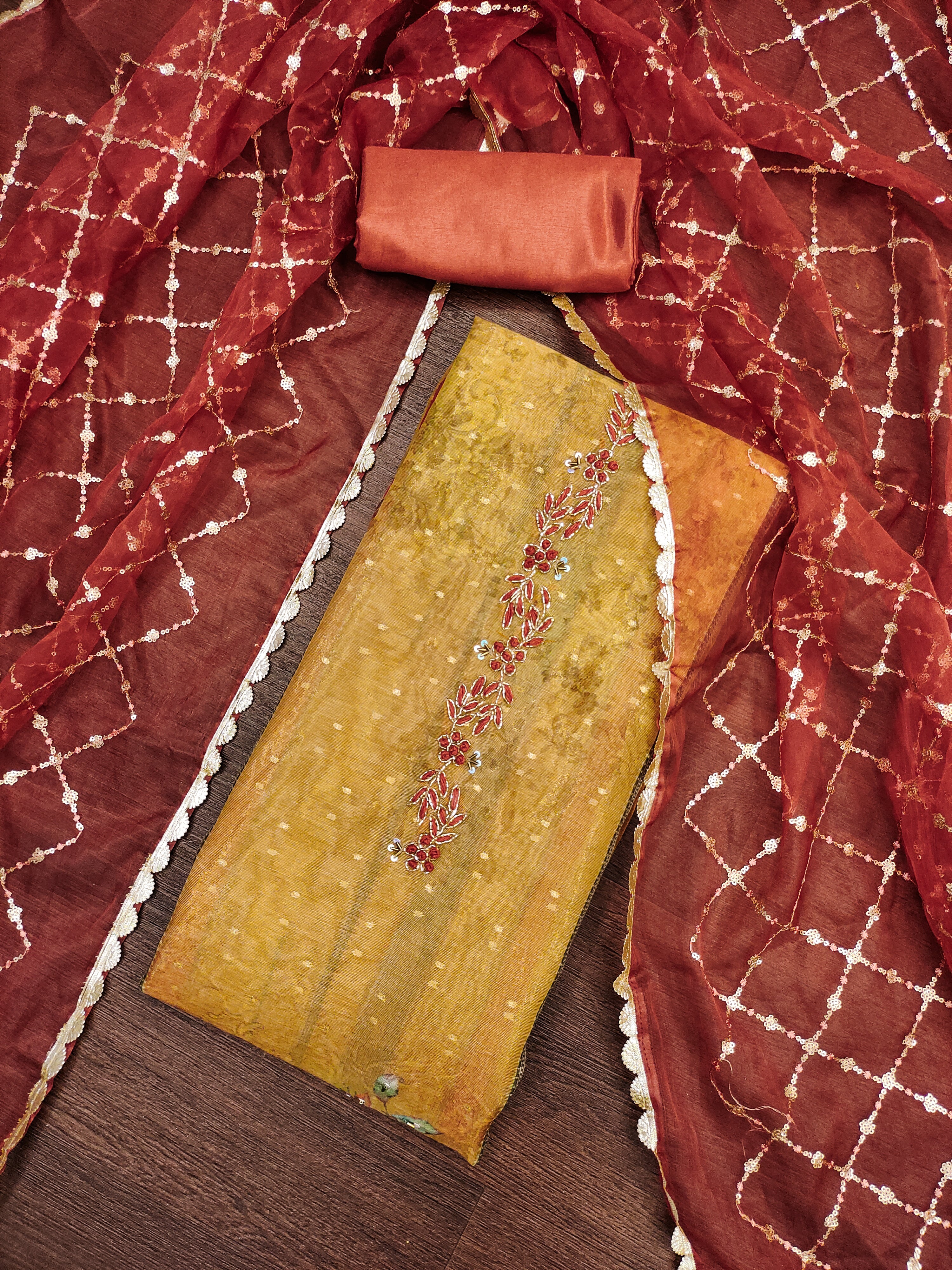 Occur Yellow Printed Floral Handwork Embroidered Unstitched Suit