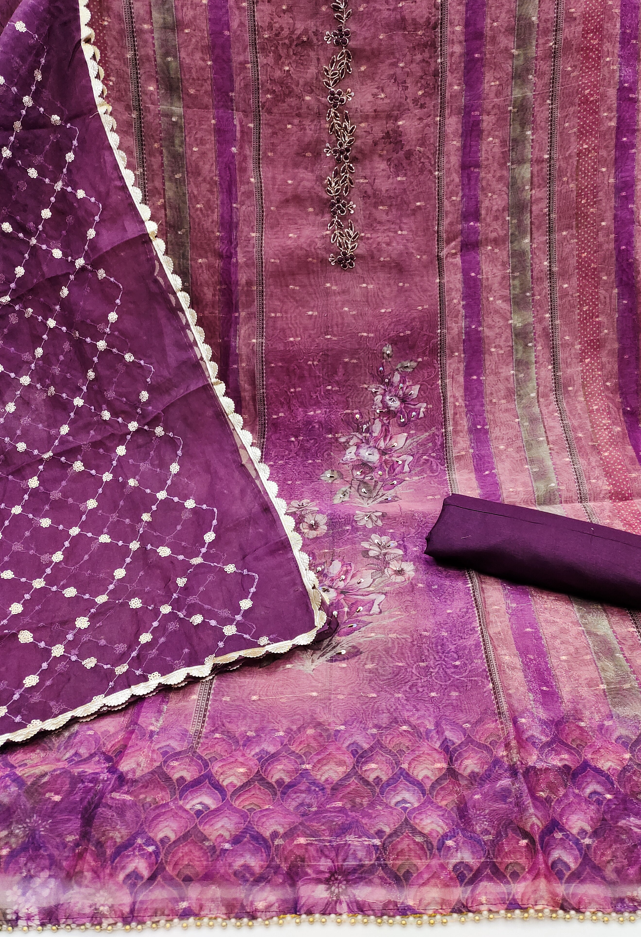 Dark Purple Printed Floral Handwork Embroidered Unstitched Suit