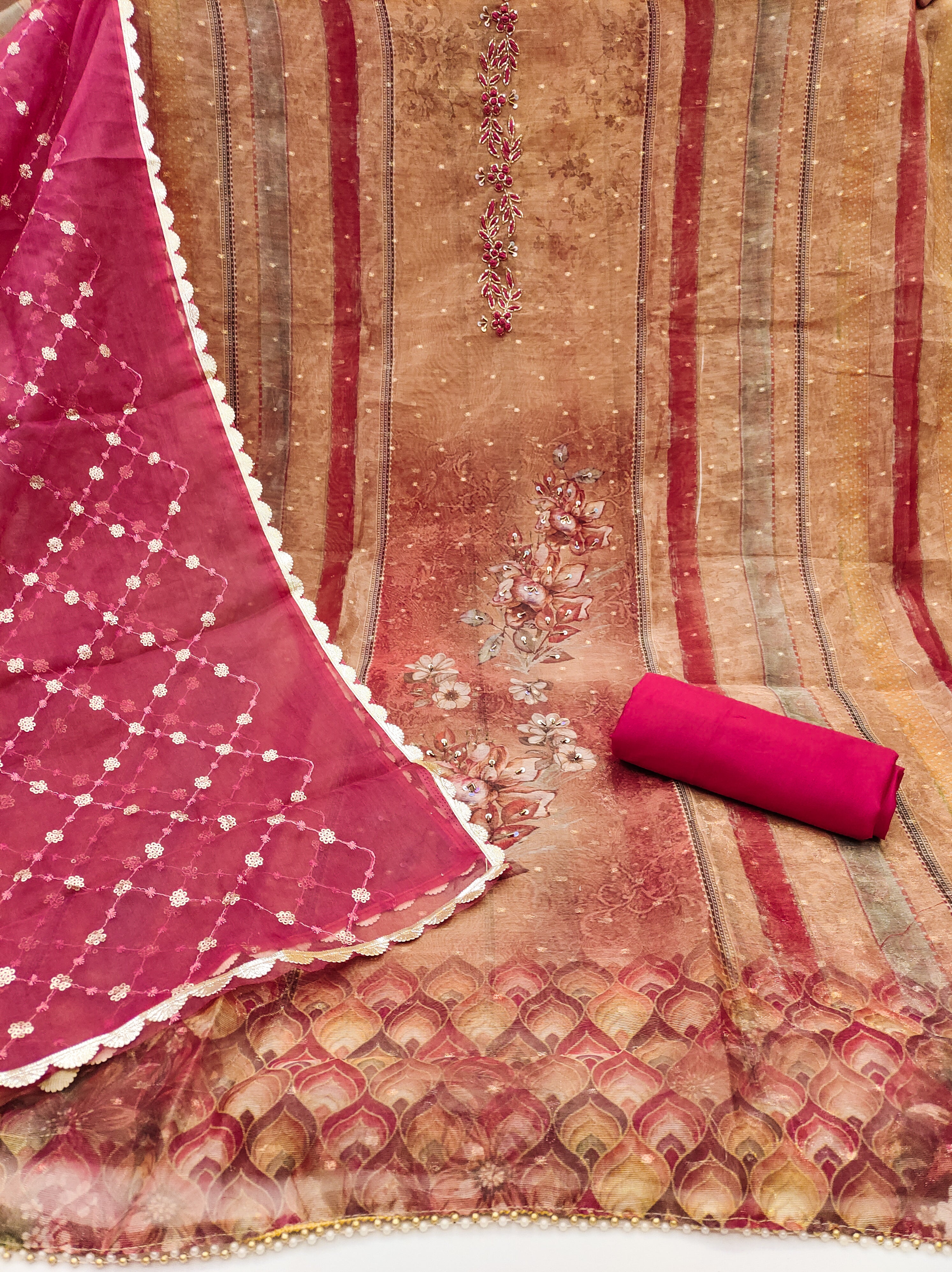Brown Printed Floral Handwork Embroidered Unstitched Suit
