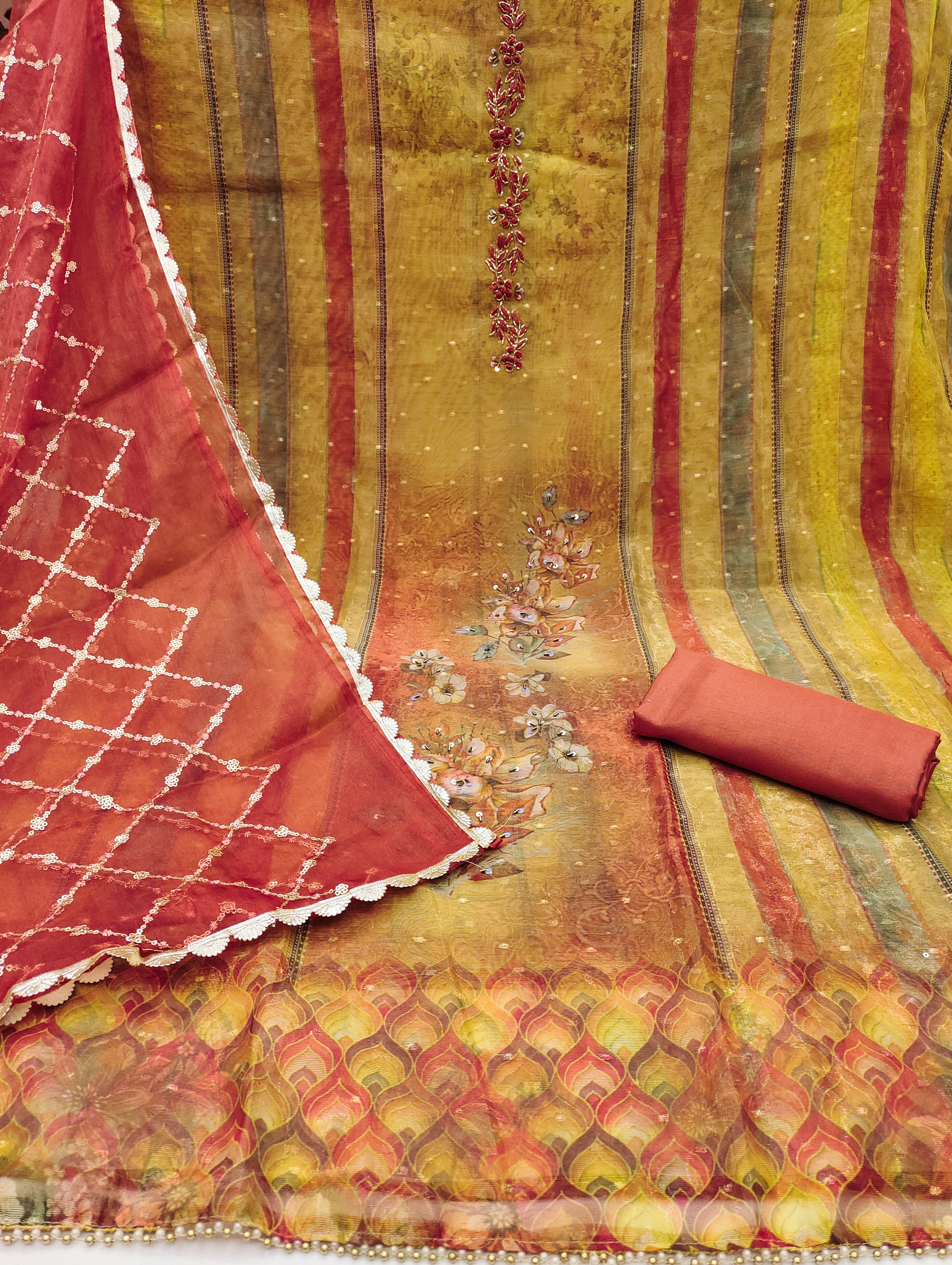 Occur Yellow Printed Floral Handwork Embroidered Unstitched Suit