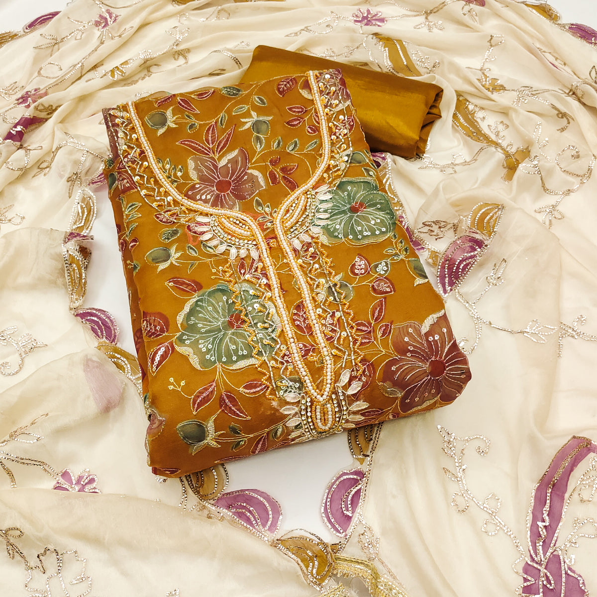 Brown Handworked Viscose Unstitched Suit