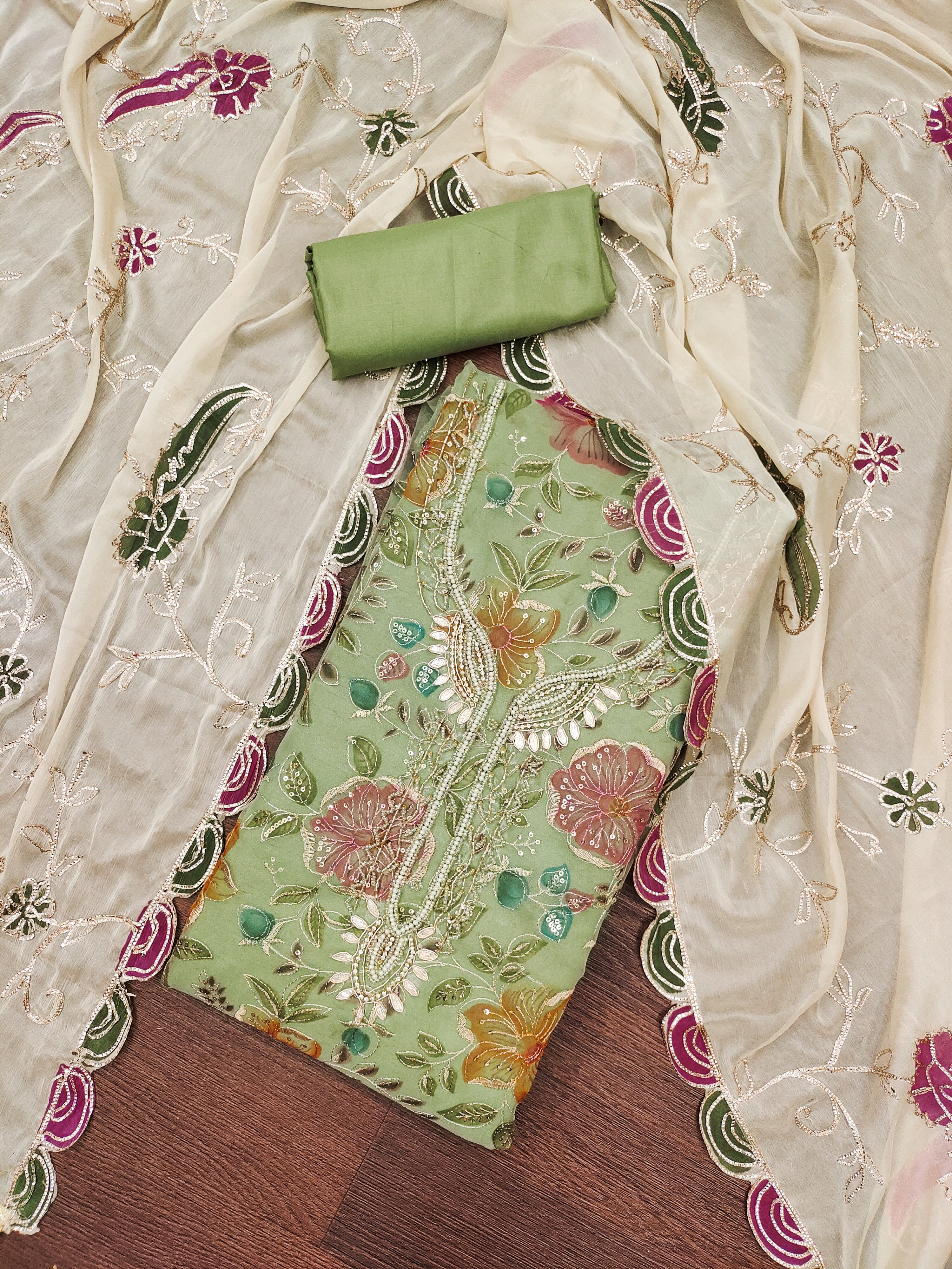 Pista Green Handworked Viscose Unstitched Suit