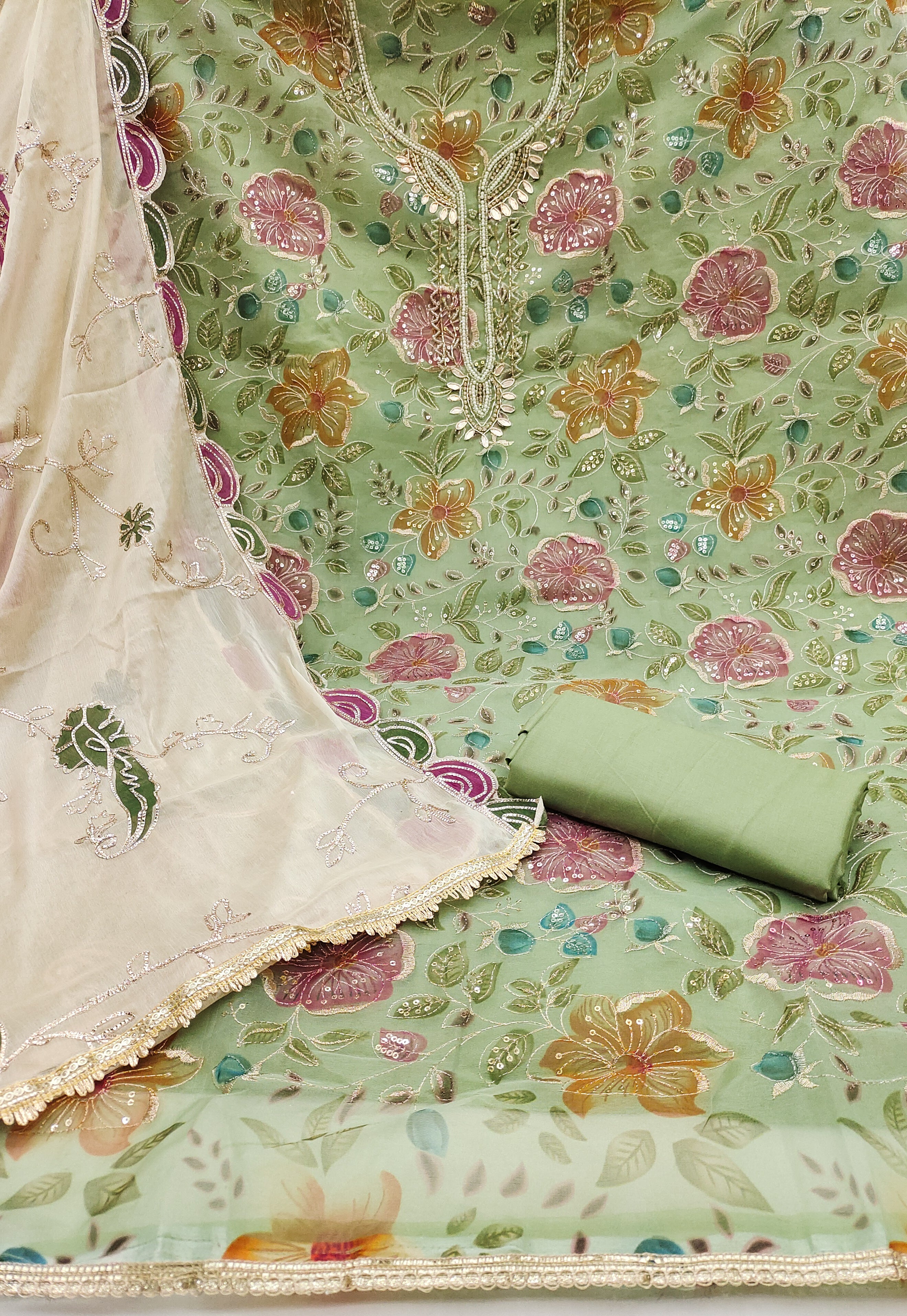 Pista Green Handworked Viscose Unstitched Suit