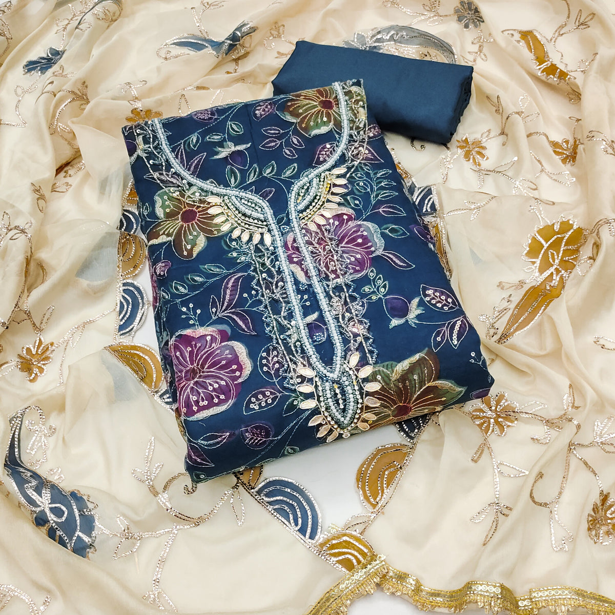 Blue Handworked Viscose Unstitched Suit