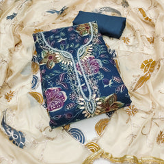 Blue Handworked Viscose Unstitched Suit