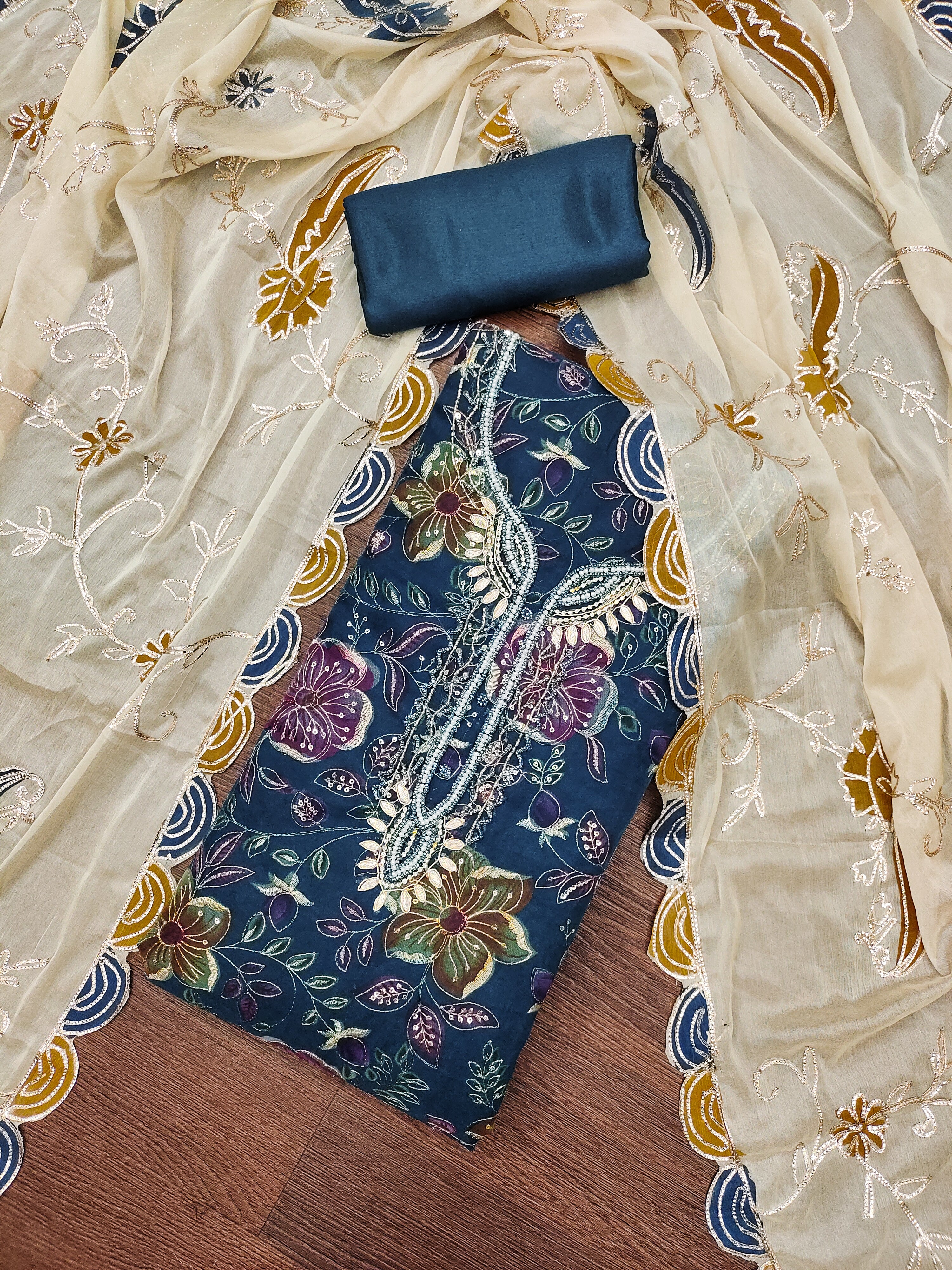 Blue Handworked Viscose Unstitched Suit