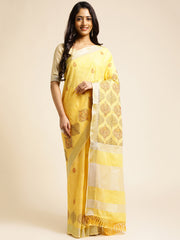 Lemon Yellow Linen Cotton Embroidery Saree