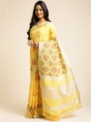 Lemon Yellow Linen Cotton Embroidery Saree