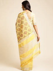 Lemon Yellow Linen Cotton Embroidery Saree