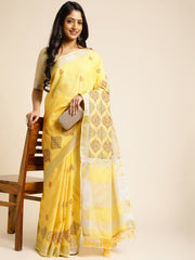 Lemon Yellow Linen Cotton Embroidery Saree