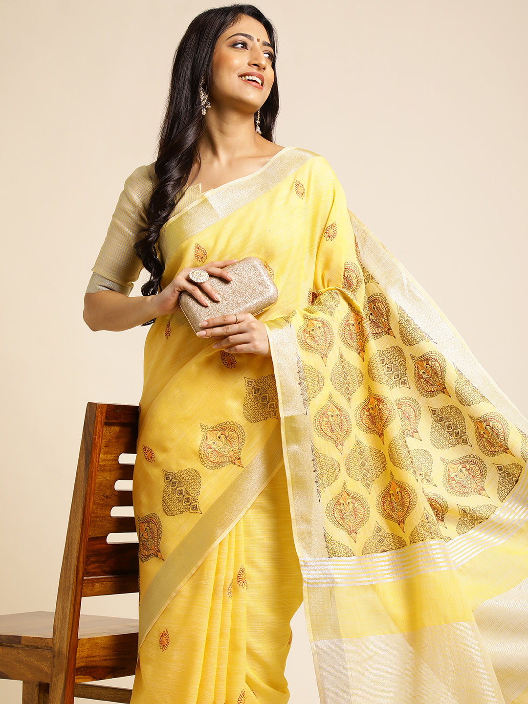 Lemon Yellow Linen Cotton Embroidery Saree