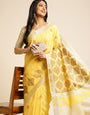 Lemon Yellow Linen Cotton Embroidery Saree