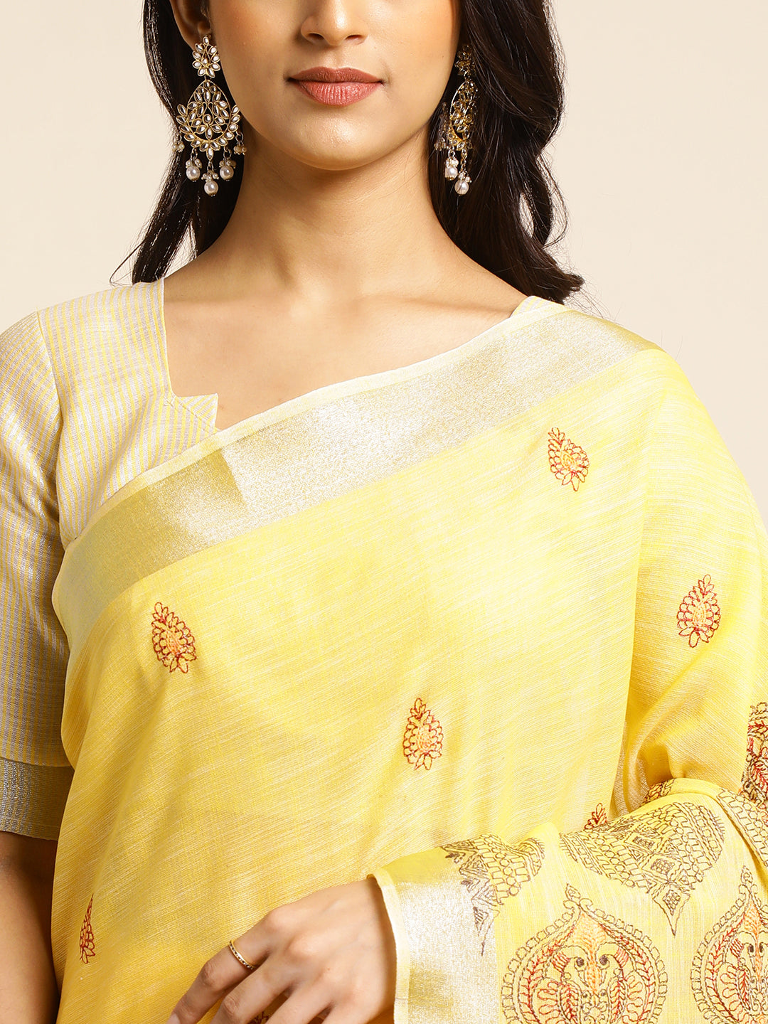 Lemon Yellow Linen Cotton Embroidery Saree