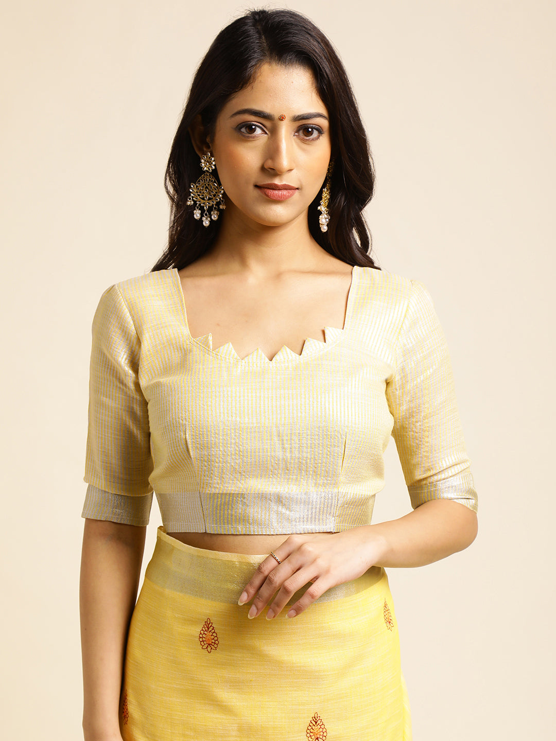 Lemon Yellow Linen Cotton Embroidery Saree