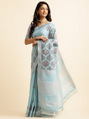 Light Blue Linen Cotton Embroidery Saree