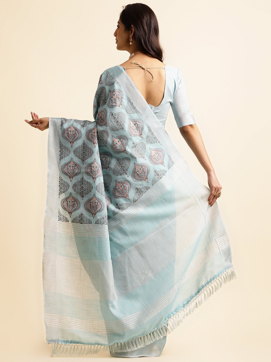 Light Blue Linen Cotton Embroidery Saree