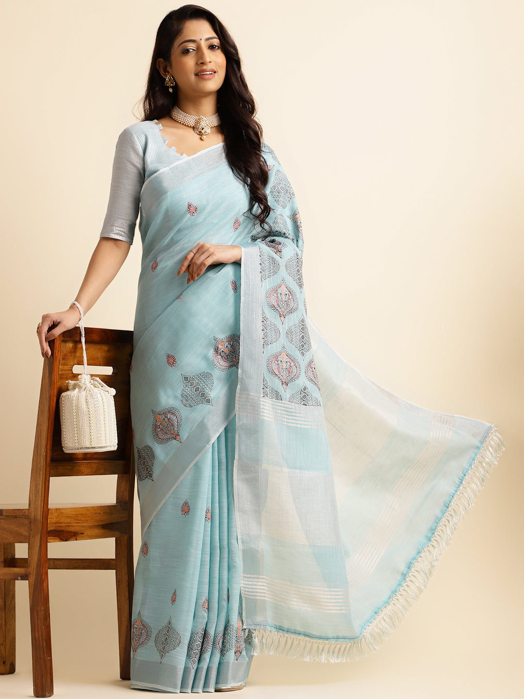 Light Blue Linen Cotton Embroidery Saree