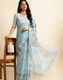 Light Blue Linen Cotton Embroidery Saree