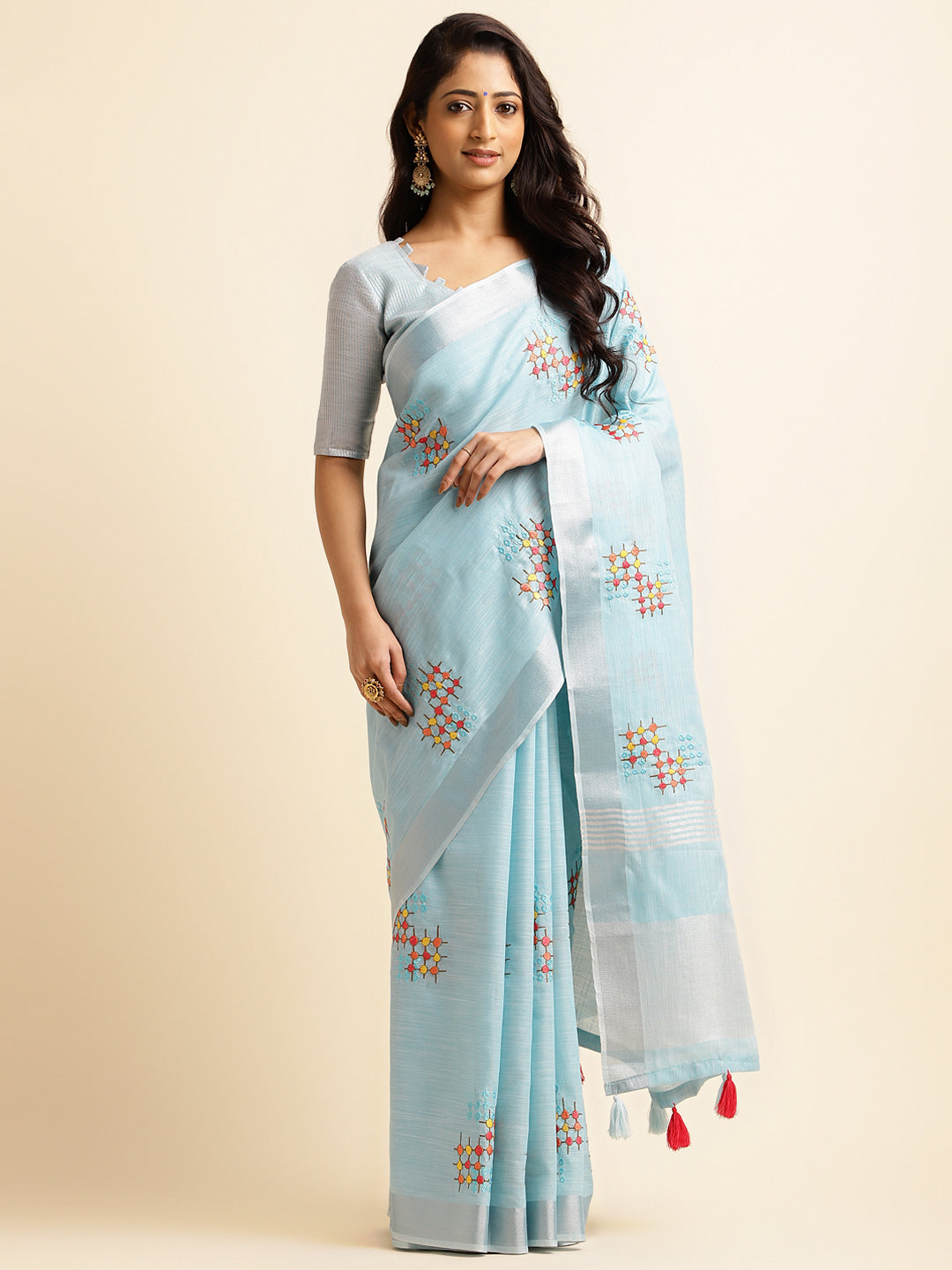 Sky Blue Linen Cotton Embroidery Saree