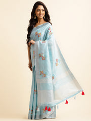 Sky Blue Linen Cotton Embroidery Saree