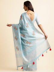 Sky Blue Linen Cotton Embroidery Saree