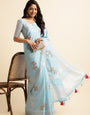 Sky Blue Linen Cotton Embroidery Saree