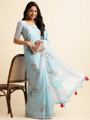 Sky Blue Linen Cotton Embroidery Saree